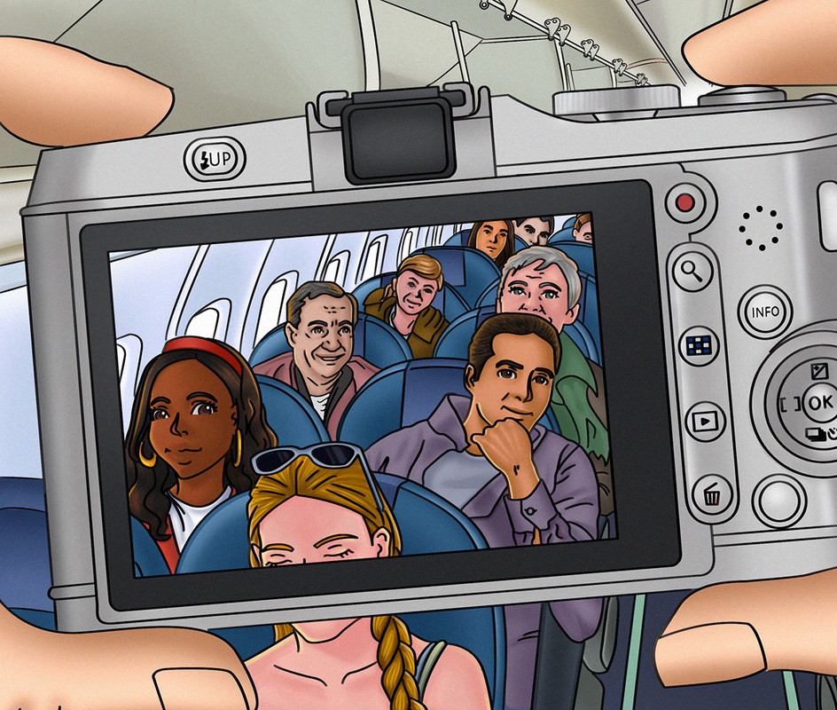 Card Game Illustration - Airplane Passengers enjoying flight - 2D Game Art in Portfolio